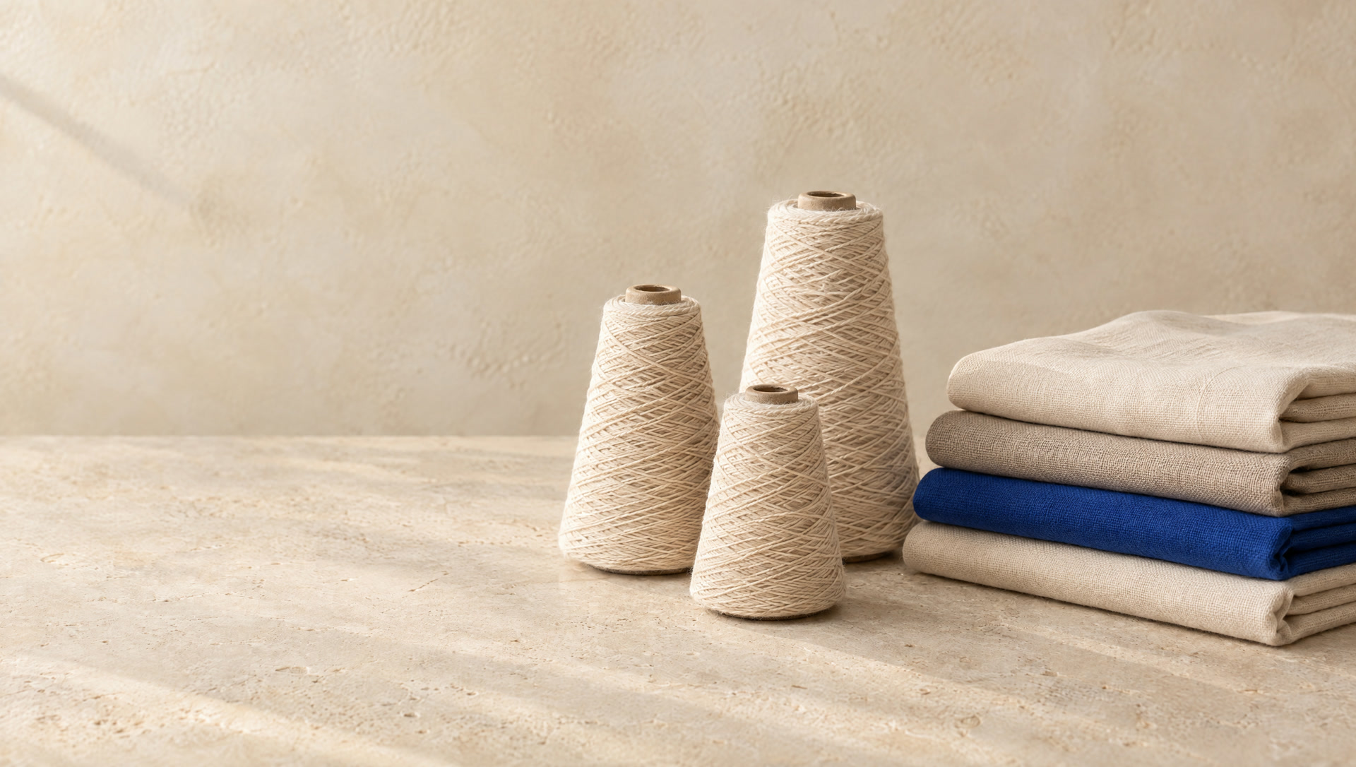 Cones of natural cotton yarn and folded fabric in soft morning light